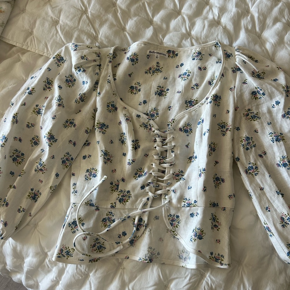 Reformation White Floral Lace-Up Top